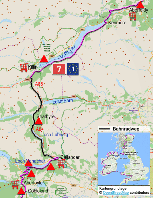 Karte zur Radtour auf dem Eurovelo 1 von Aberfoyle nach Aberfeldy