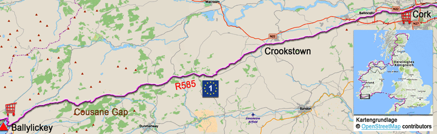 Karte zur Radtour auf dem EV1 von Cork nach Ballylickey