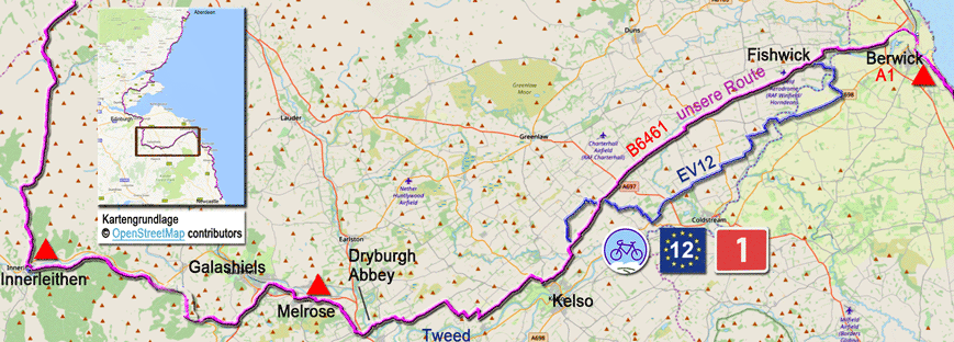 Karte zur Radtour auf dem EV12 von Innerleithen nach Berwick