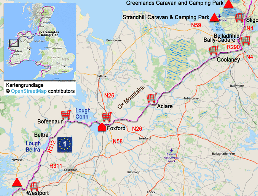 Karte zur Radtour auf dem EV1 von Westport nach Sligo