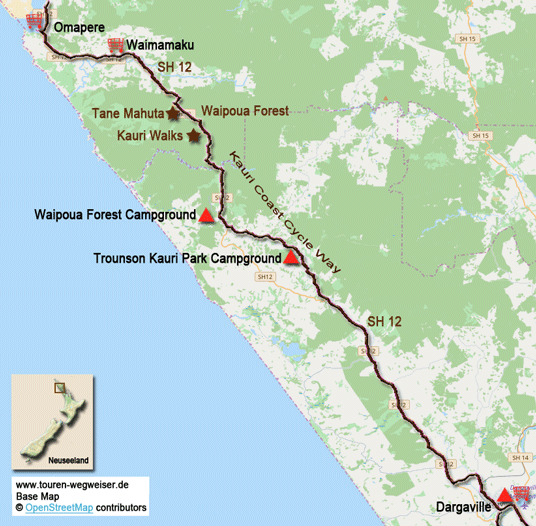 Karte zur Radtour von Omapere nach Dargaville