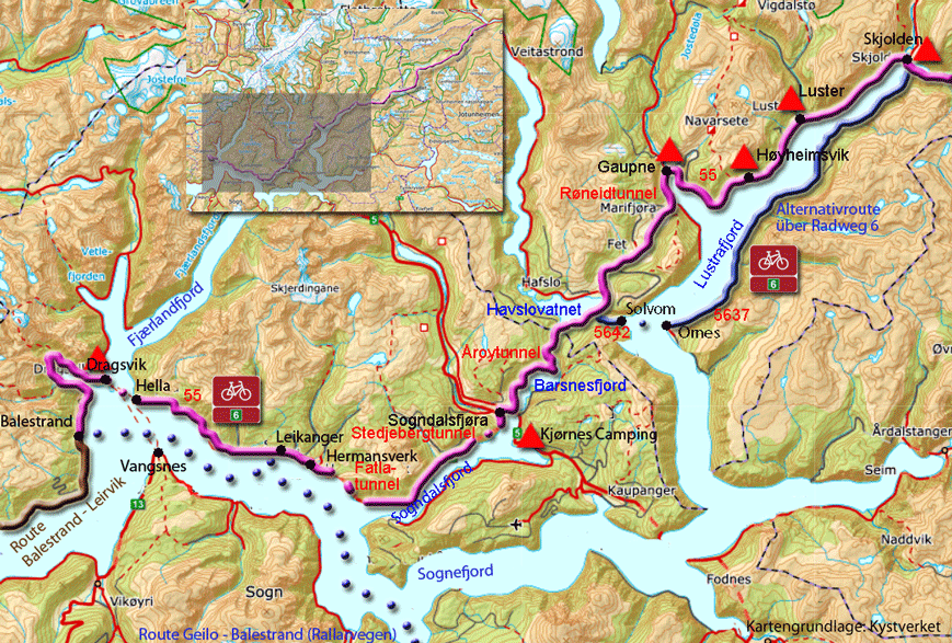 Karte zur Radtour von Balestrand nach Skjolden