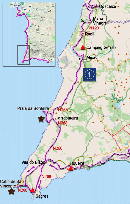 Karte zur Radtour von Odeceixe nach Sagres