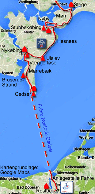 Karte zur Radtour von Rostock nach Stege