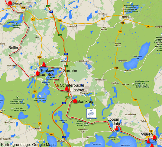 Karte zum Radweg von Waren nach Güstrow