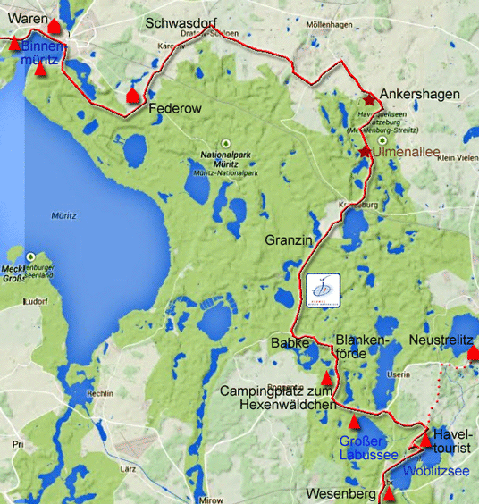 Karte zum Radweg von Wesenberg nach Waren