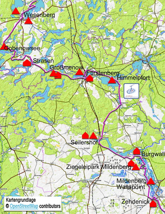 Karte zum Radweg von Zehdenick nach Wesenberg