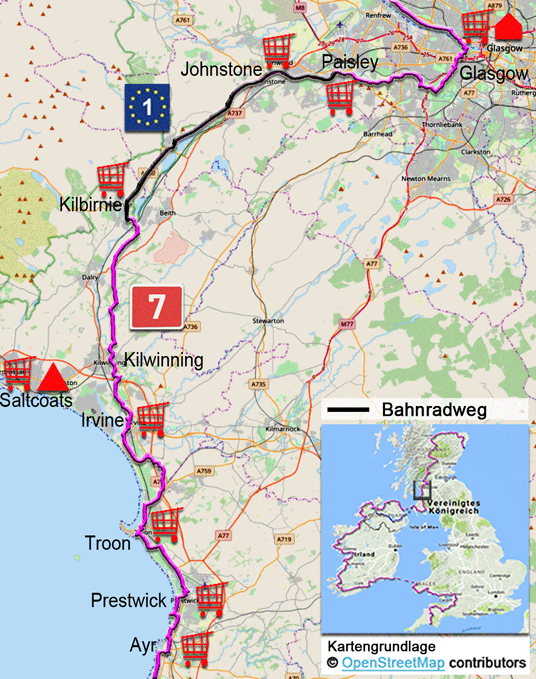 Karte zur Radtour auf dem Eurovelo 1 von Ayr nach Glasgow