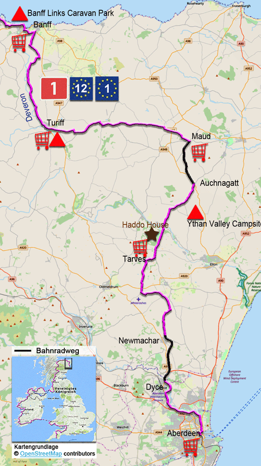 Karte zur Radtour auf dem Eurovelo 1 von Banff nach Aberdeen