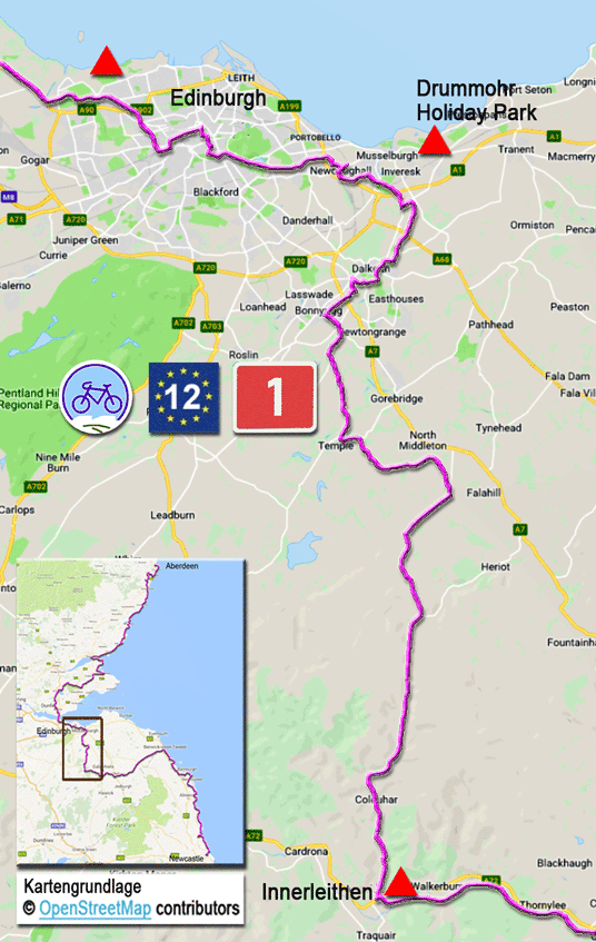 Karte zur Radtour auf dem EV12 von Edinburgh nach Inerleithen