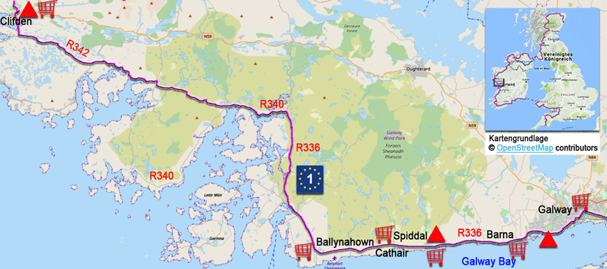 Karte zur Radtour auf dem EV1 von Galway nach Clifden