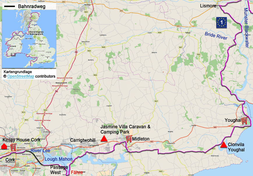 Karte zur Radtour auf dem EV1 von Lismore nach Cork