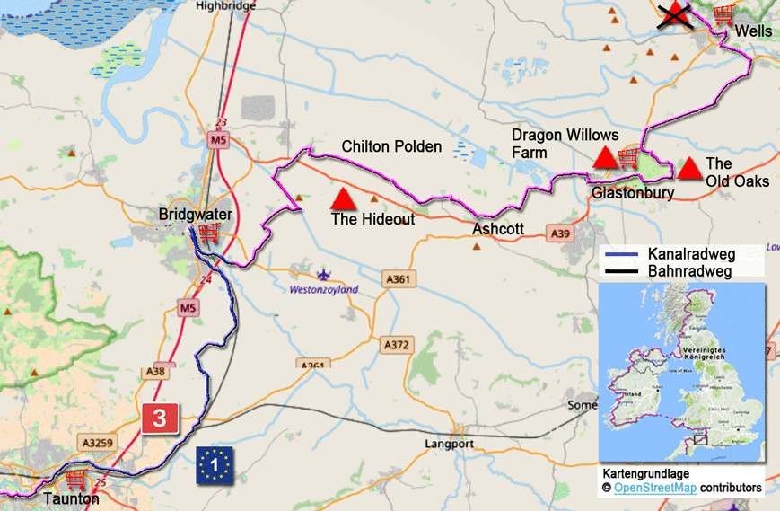 Karte zur Radtour auf dem EV1 von Taunton nach Wells