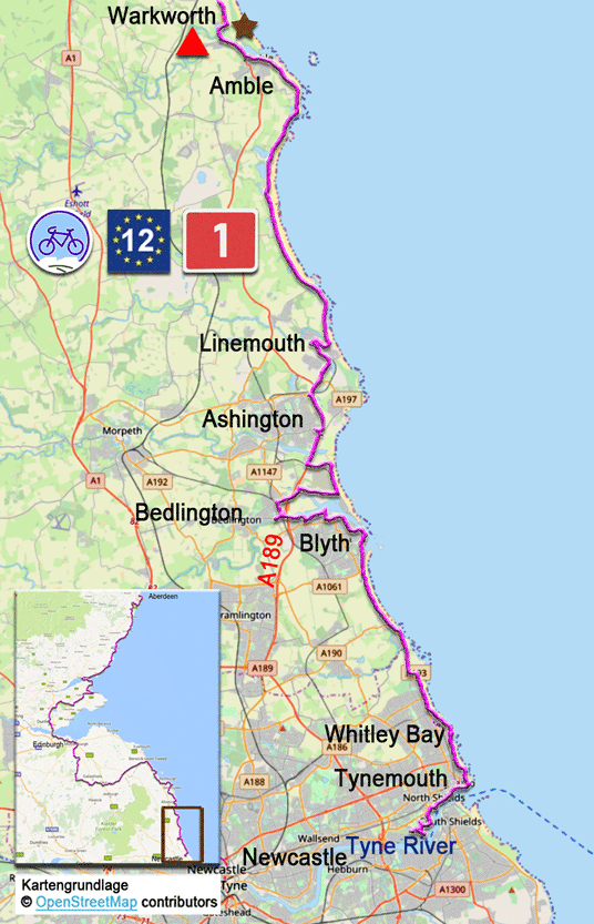 Karte zur Radtour auf dem EV12 von Warkworth nach Newcastle