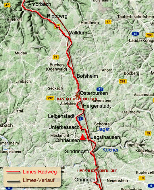 Kart zum Limes-Radweg von Amorbach nach Öhringen