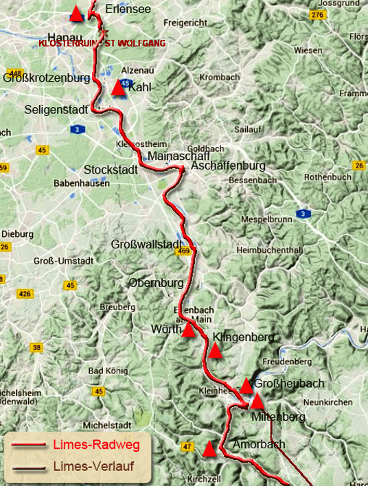 Karte zum Limes-Radweg von Erlensee nach Amorbach