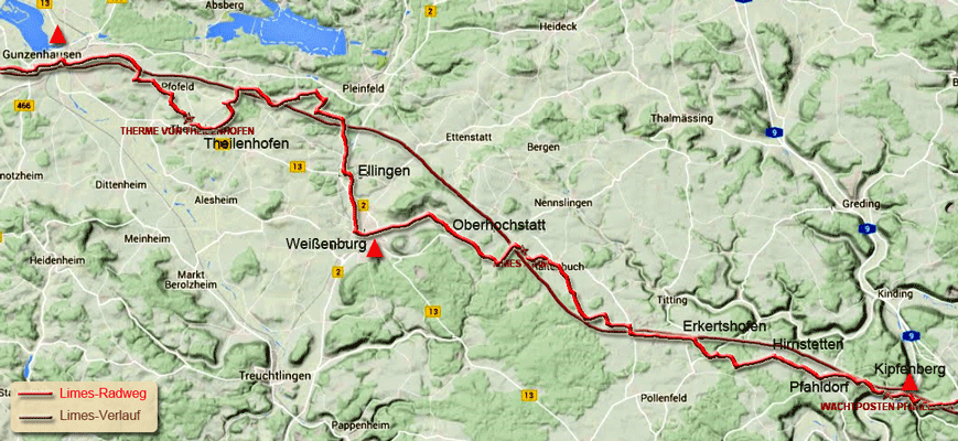 Karte zum Limes-Radweg von Gunzenhausen nach Kipfenberg
