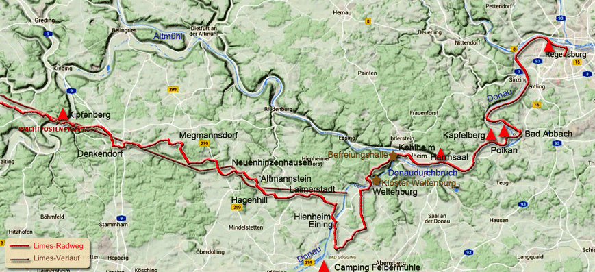 Karte zum Limes-Radweg von Kipfenberg nach Regensburg