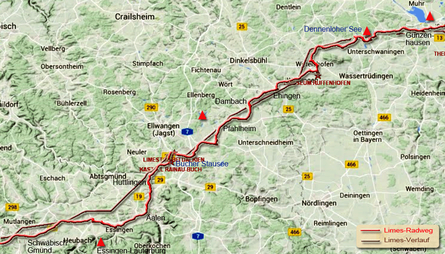Karte zum Limes-Radweg von Schwäbisch Gmünd nach Gunzenhausen