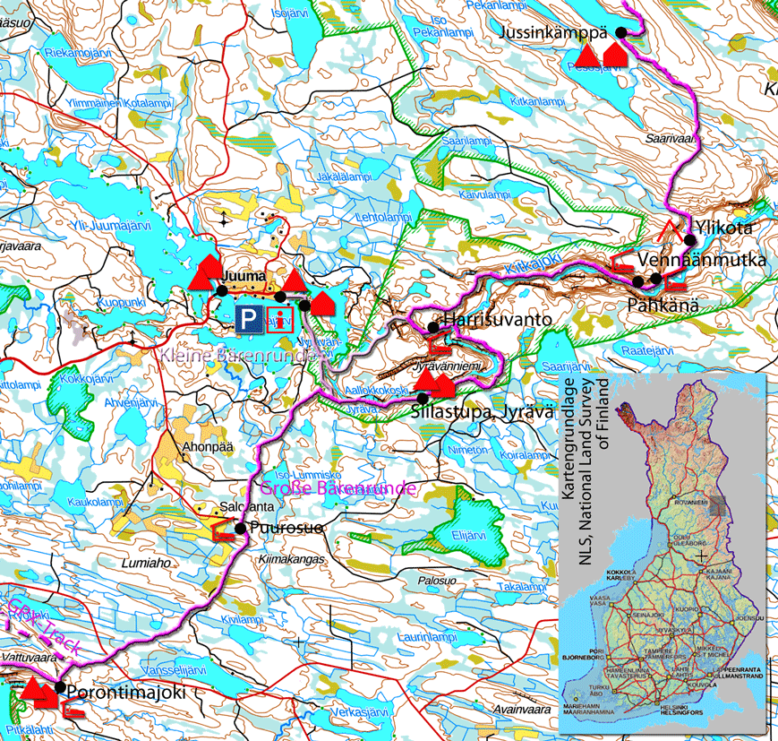 Bild: Karte zur Bärenrunde von Jussinkämppa nach Porontimajoki