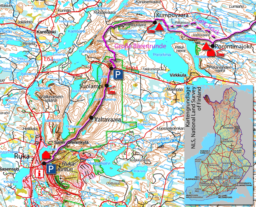 Bild: Karte zur Bärenrunde von Porontimajoki nach Ruka