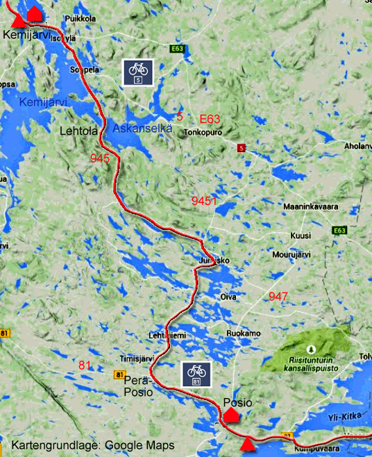 Karte zur Radtour von Kemijärvi nach Posio