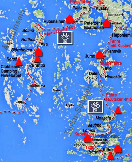 Karte zur Radtour von Kittuis nach Brändö, Finnland