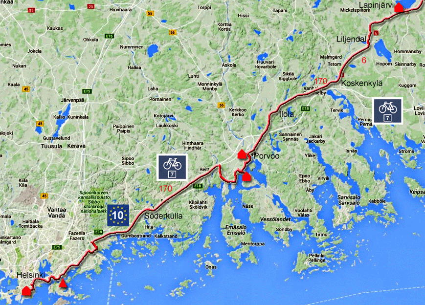 Karte zur Radtour von Lappträsk nach Helsinki, Finnland