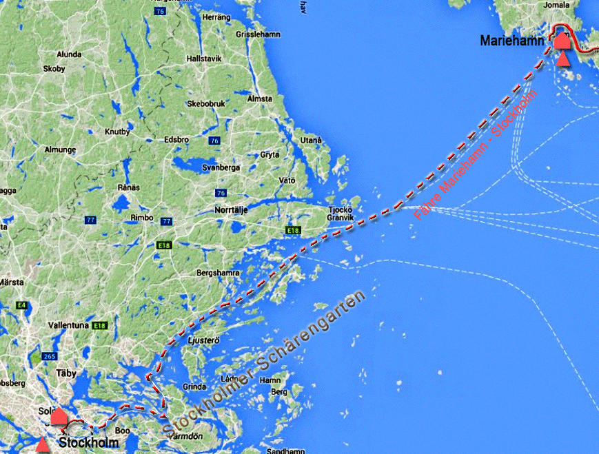 Karte zur Radtour von Mariehamn nach Stockholm, Finnland