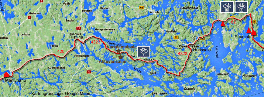 Karte zur Radtour von Puumala nach Mäntyharju, Finnland