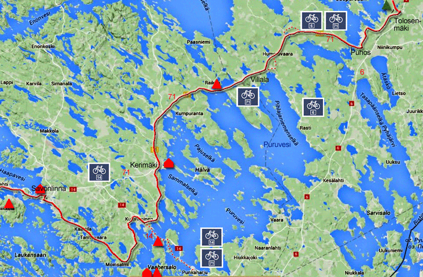 Karte zur Radtour von Tolosenmäki nach Savonlinna, Finnland