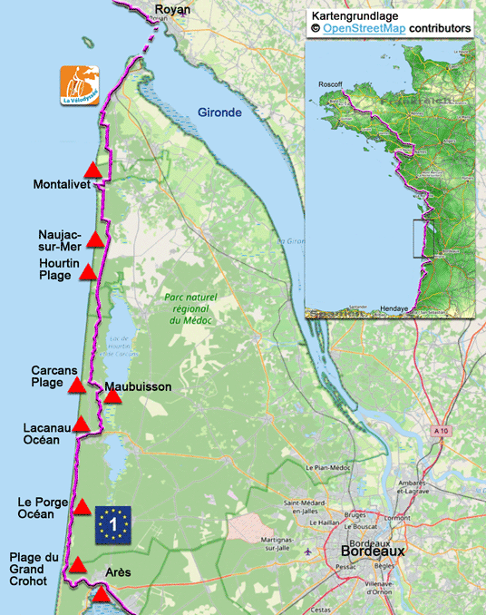 Karte zur Radtour auf dem Eurovelo 1 von Arès nach Montalivet