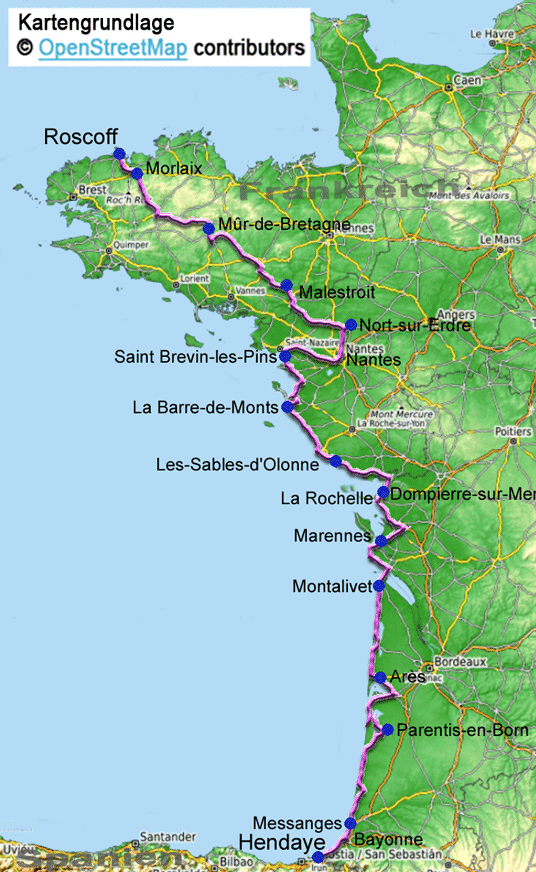 Karte zur Radtour durch Frankreich über den Eurovelo 1 von Hendaye nach Roscoff 