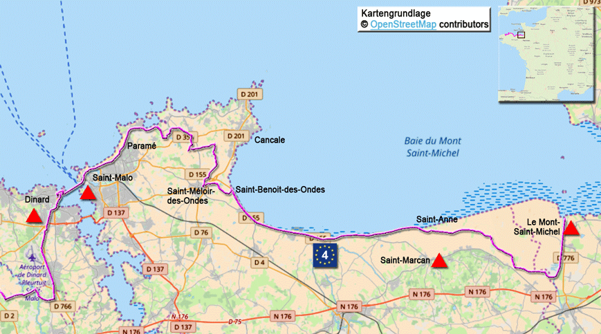 Karte zur Radtour auf dem EV4 von Le Mont-Saint-Michel nach Dinard