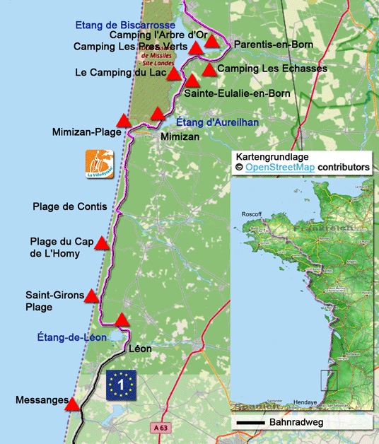 Karte zur Radtour auf dem Eurovelo 1 von Messanges nach Parentis-en-Born
