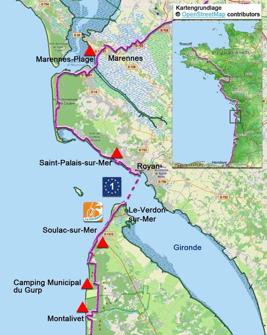 Karte zur Radtour auf dem Eurovelo 1 von Montalivet nach Marennes