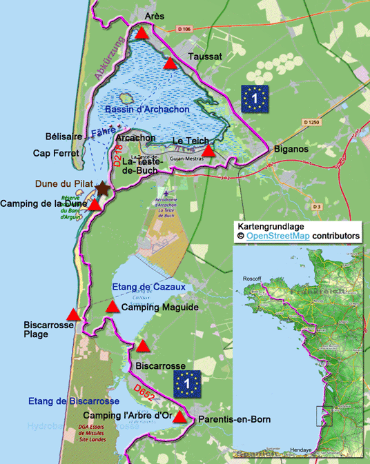 Karte zur Radtour auf dem Eurovelo 1 von Messanges nach Parentis-en-Born