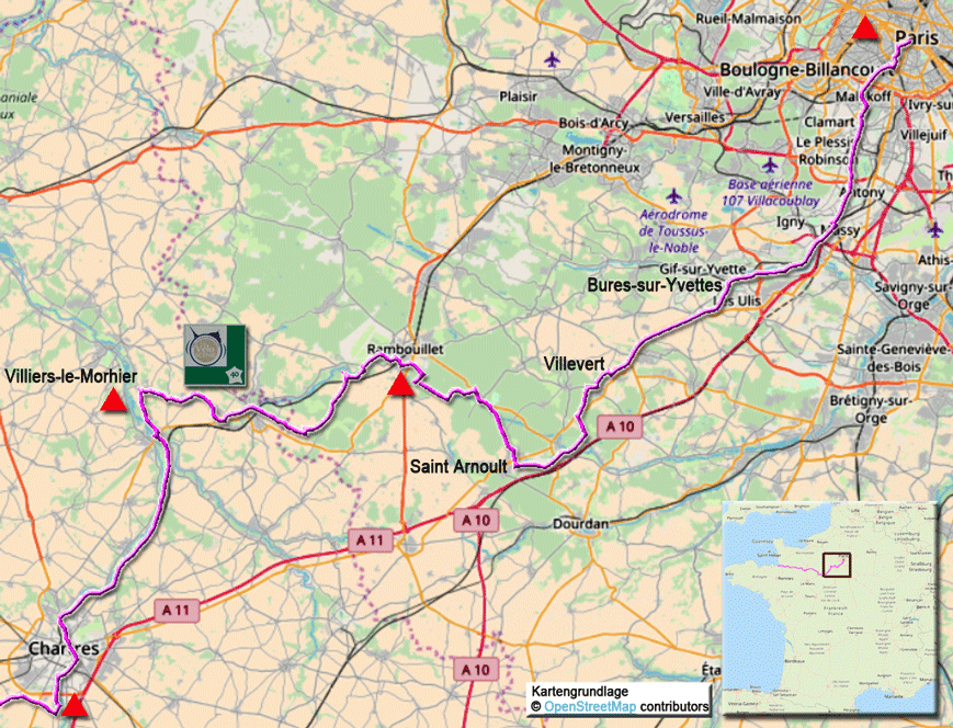Karte zur Radtour auf dem FV40 von Paris nach Chartres