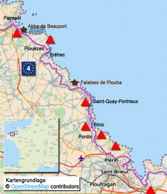 Karte zur Radtour auf dem EV4 von Saint-Brieuc nach Paimpol