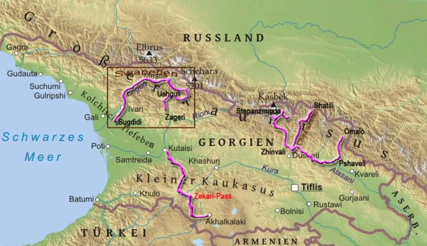 Karte zur Tour von Zigdidi nach Ushguli und weiter nach Zageri