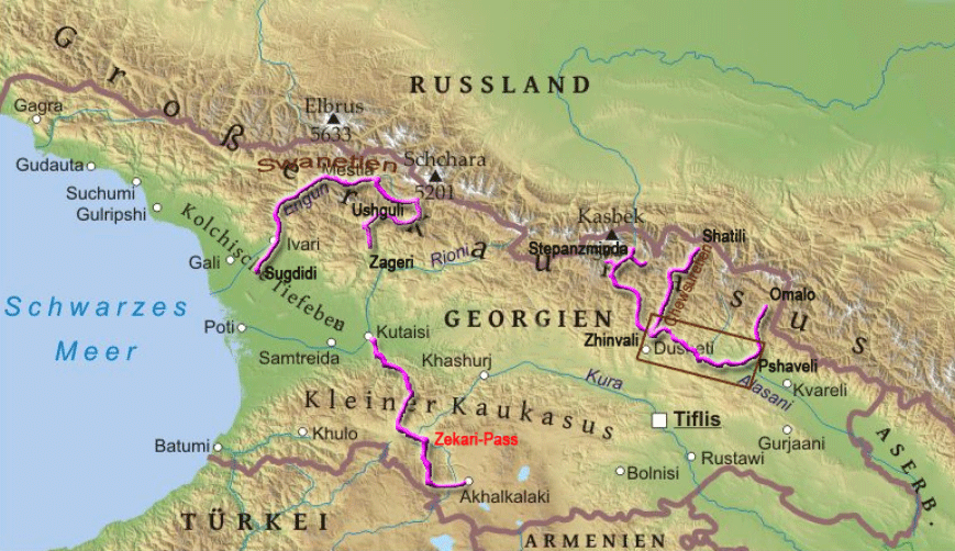 Karte zur Tour von Zigdidi nach Ushguli und weiter nach Zageri