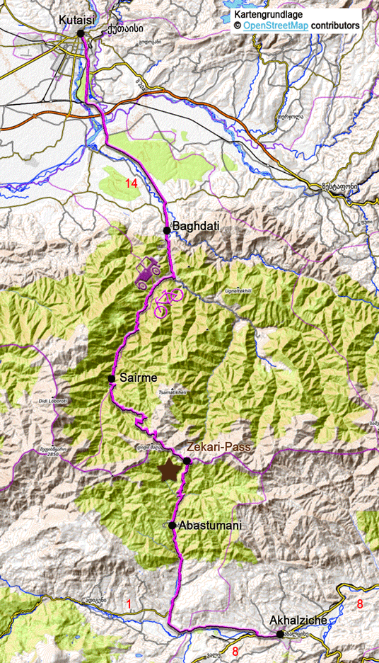 Karte zur Tour von Kutaisi über den Zekari-Pass nach Achalziche