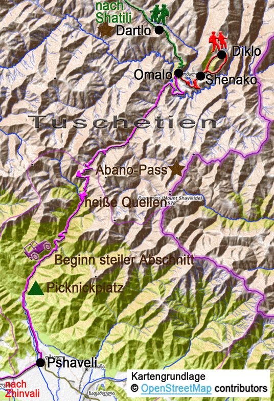 Karte zur Tour von Pshaveli nach Omalo