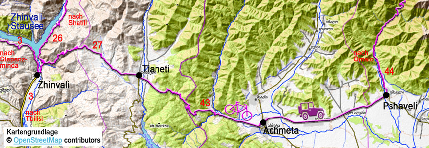 Karte zur Tour von Zhinvali nach Pshaveli