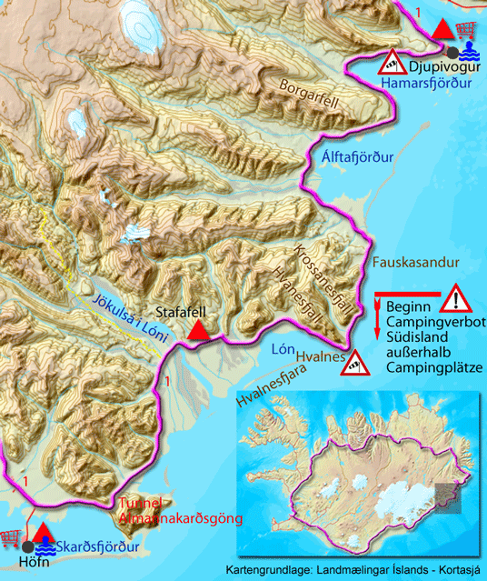Karte zur Tour von Djúpivogur nach Höfn