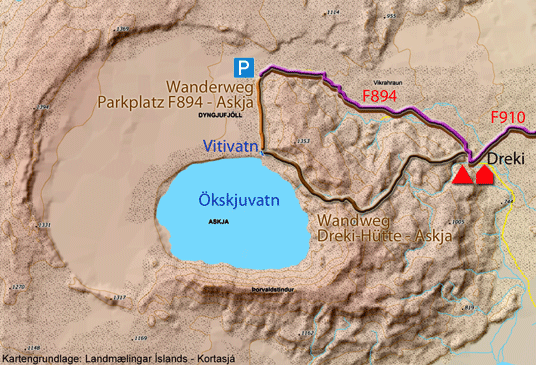 Bild: Karte zur Tour von den Dreki-Hütten zur Askja