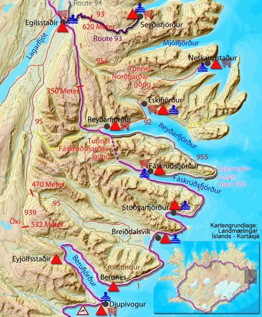 Karte zur Tour von Egilsstaðir nach Djupivogur