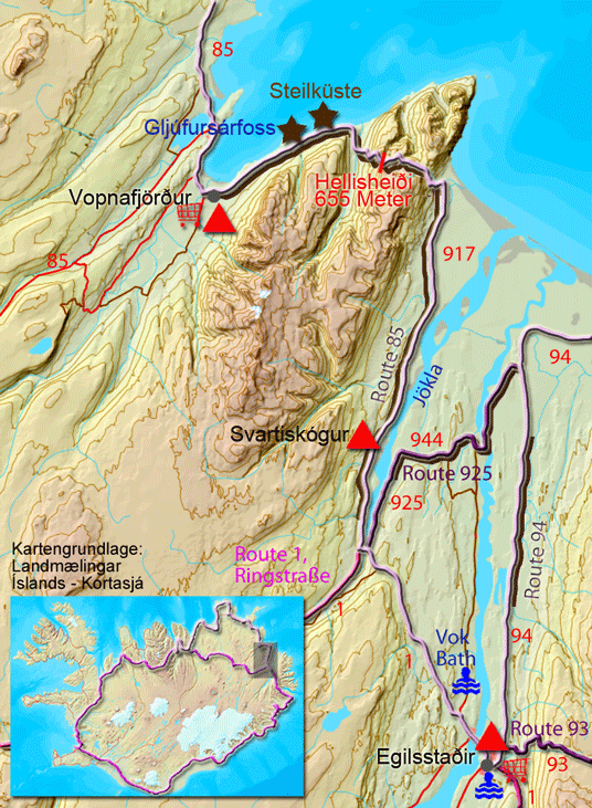 Karte zur Tour von Egilsstaðir nach Vopnafjörður