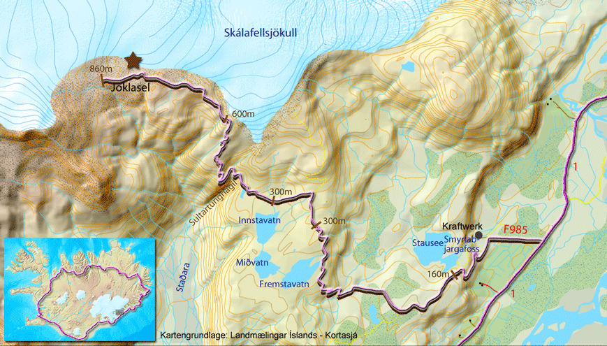 Karte zur Tour über die F985 zum Skálafellsjökull