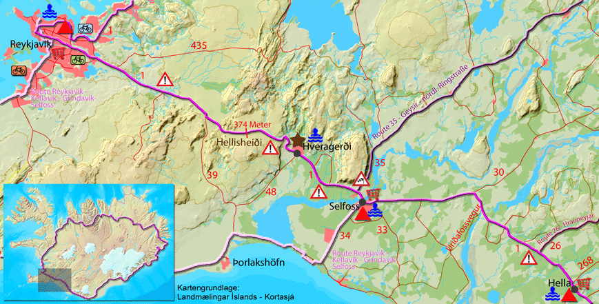 Karte zur Tour von Hella nach Reykjavik